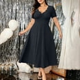 thumbnail image 5 of Ayolanni V-Neck Women Summer Dresses Solid Casual Short Sleeve Maxi A-Line Dress Fitted Waist Dressy Vacation Lace Patchwork Wedding Guest Sundress Black M, 5 of 9