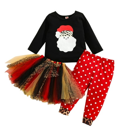 

Toddler Girls Outfit Kids Chiristmas Prints Long Sleeves Top Mesh Skirt Pants Outfit Set Cloths