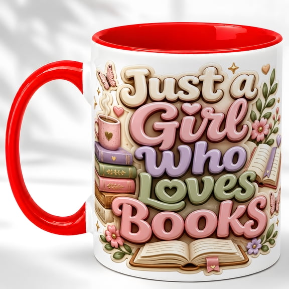 Book Lover Coffee Mug, Girl Who Loves Books Cup, Cute 3D Typography Reading Design, Gift for Bookworms, Ceramic 11 Oz Mug