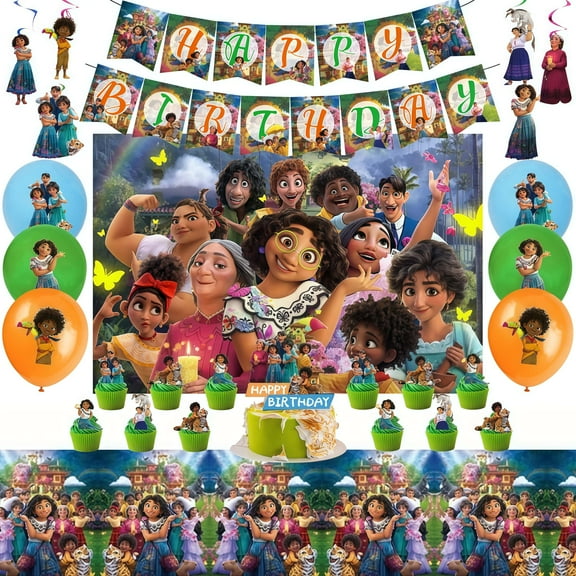 Encanto themed birthday party supplies, party set includes birthday banner, backdrop, tablecloth, balloons, spirals, cake and cupcake decorations, suitable for boys and girls birthday theme parties