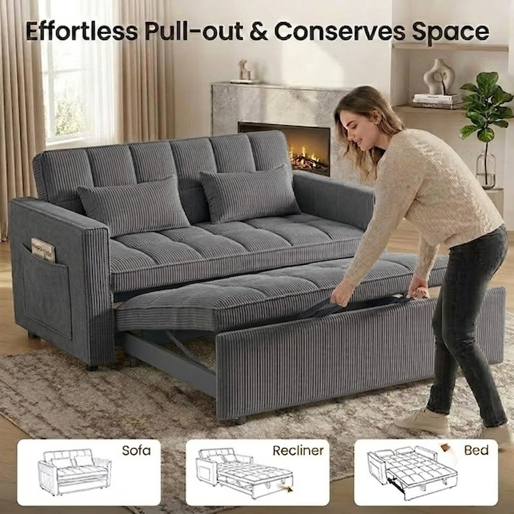 Howcool Sleeper Sofa Bed, Pull Out Couch, 3-in-1 Convertible Loveseat Sofa with Adjustable Backrest, Corduroy Couch for Living Room, Apartment & Small Space，Dark Grey