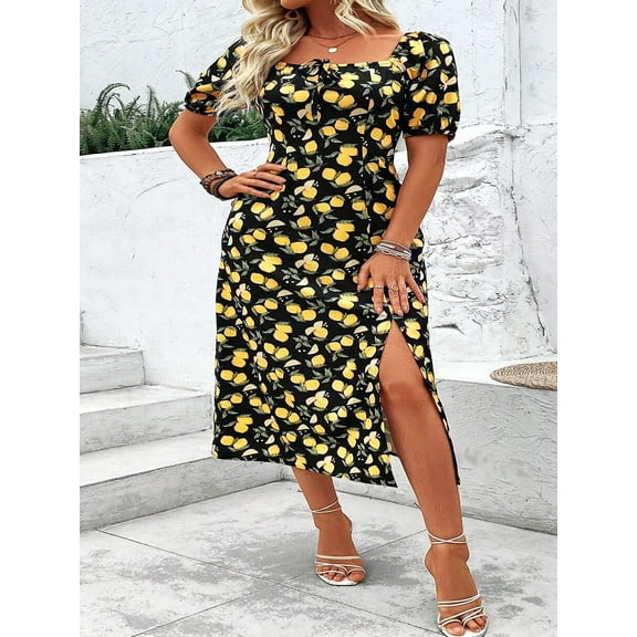 Plus Size Lemon Print Puff Sleeve Dress with Square Neck and Front Slit
