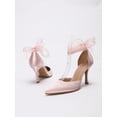 thumbnail image 4 of On feet & in love Women's Satin Pointed Toe Slingback Heels - Stiletto Dress Pumps with Sheer Ribbon Bow Detail,Pink, 4 of 7