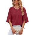 thumbnail image 3 of Nuevo estilo de verano, cuello redondo, blusa de gasa de Color sólido con camisa de media manga, Tops para mujer, 3 of 5
