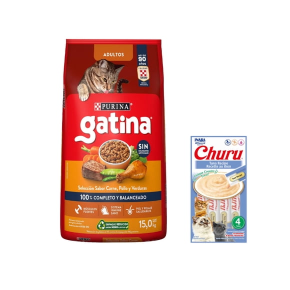 Gatina Pollo 15 kg + Churu Atún Sobre con 4 Tubos de 14 g