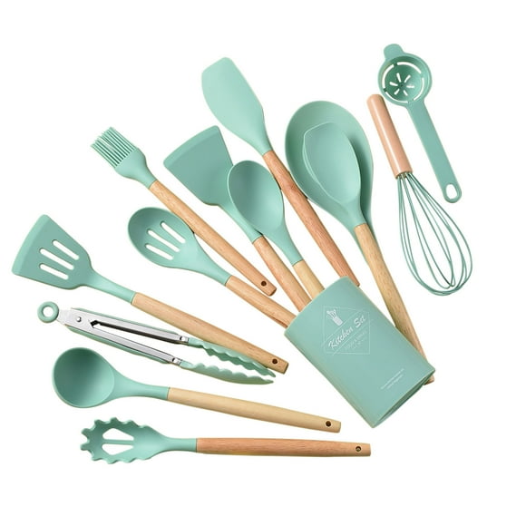 Birdeem Wooden Handle Silicone Kitchenware Set 14 Piece Round Barrel Set Non Stick Pot Cooking Spoon Kitchen Tools