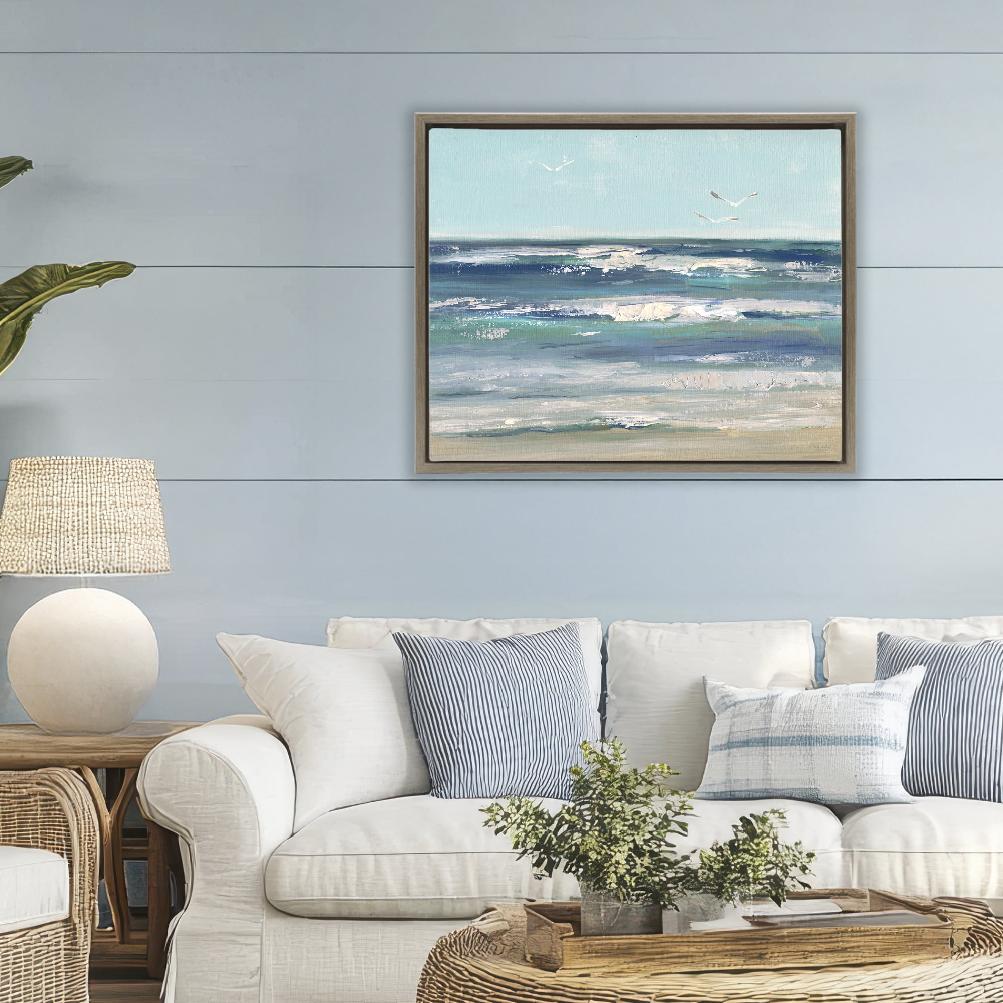 Stupell Industries Seagulls over Rolling Waves Brown Framed Floater Canvas Wall Art, design by Sally Swatland