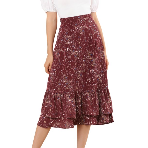 Falmidi fluicon dobladillo con volantes escalonados y cintuelástiestampapamujer Vino Tinto-Floral L