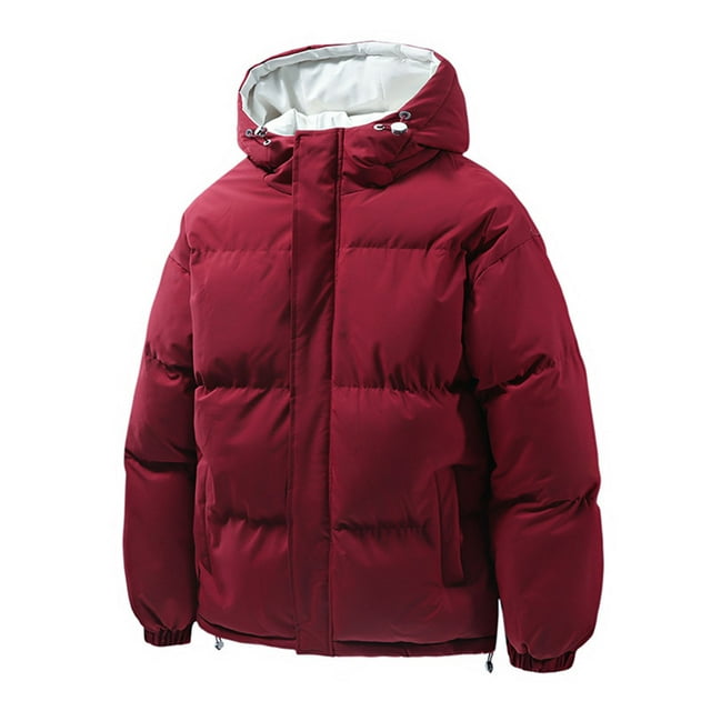 Lovzfmll Men's Puffer Jacket Hooded Heavyweight Quilted Zip Up Red, M