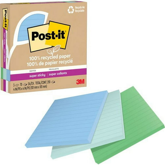 Post-it® Super Sticky Adhesive Note - 210 - 4" x 4" - Square - 70 Sheets per Pad - Ruled - Assorted Oasis - Removable, Repositionable, Recyclable - 3 Pad | Bundle of 10 Packs
