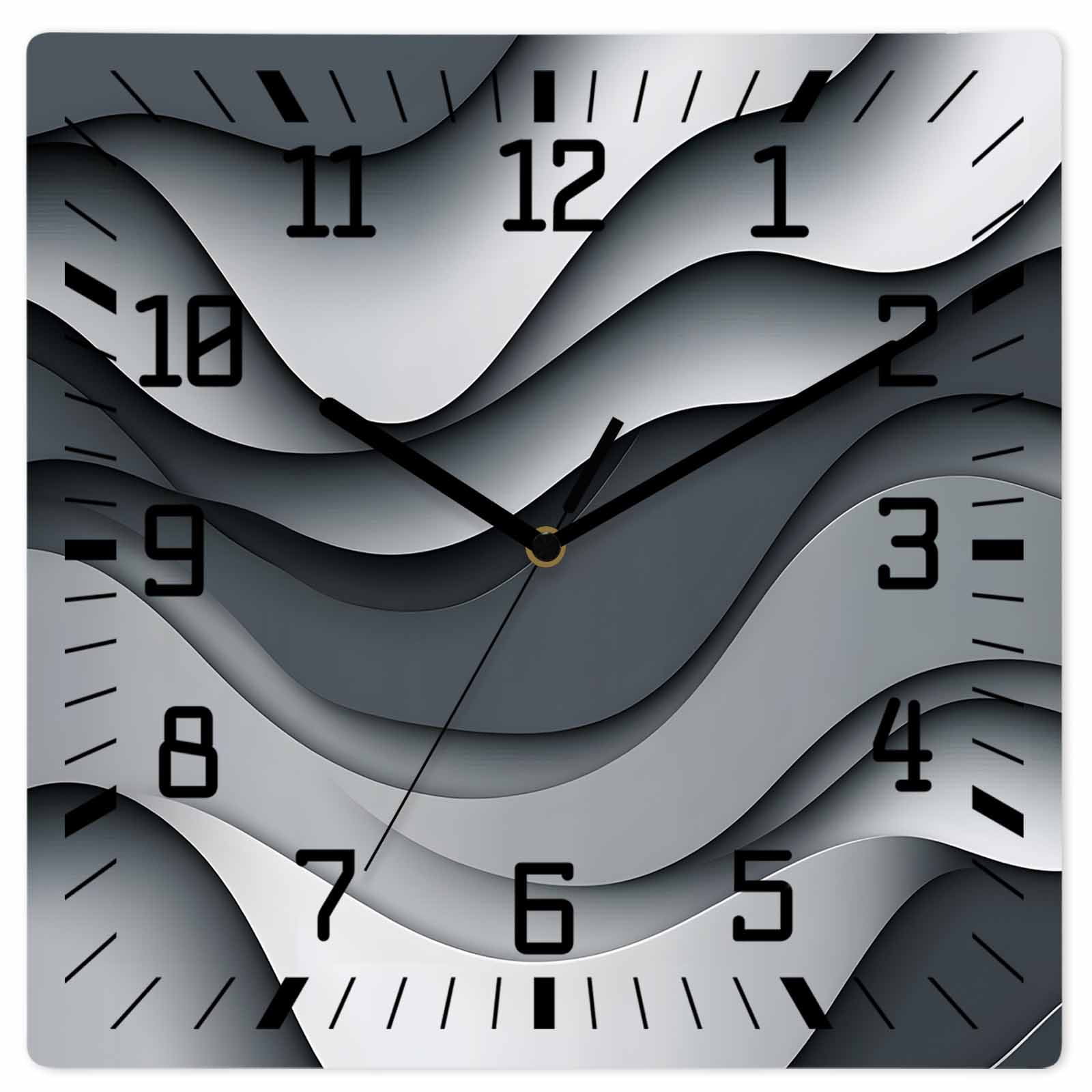 Black Gray Ombre Wooden Wall Clock Silent Non Ticking, Modern Abstract Moire Art Geometric Square
