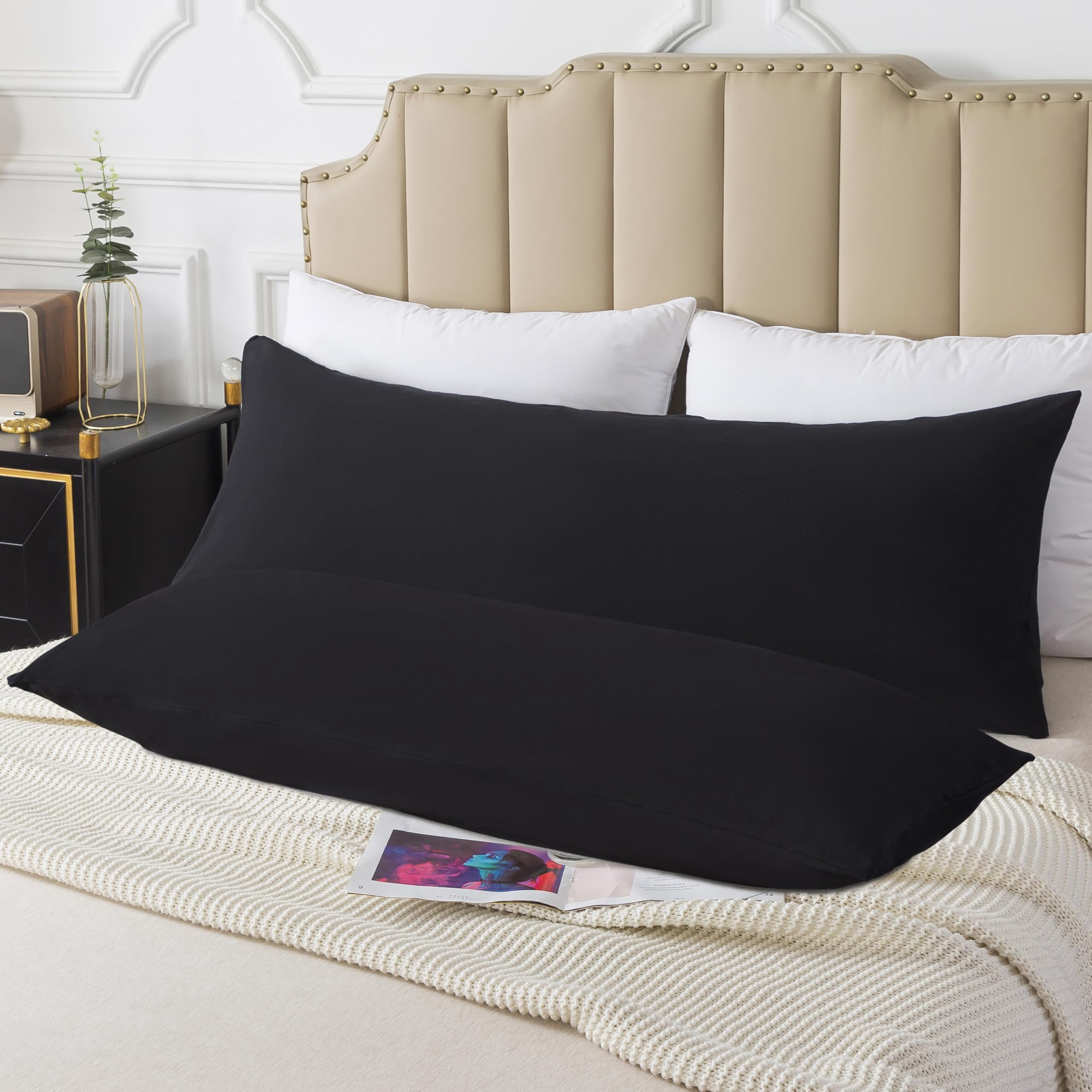 Cotton Body Pillow Insert Cooling Breathable Full Body Pillow for Side Sleepers Soft Long Bed Pillow for Adults 20 x 54 Inch Black