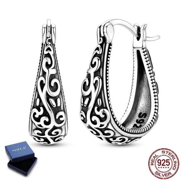 MULA 925 Sterling Silver Vintage Vine Huggie Scroll Design Hoop Earrings for Women, Hypoallergenic Jewelry Birthday Anniversary Gift with Box