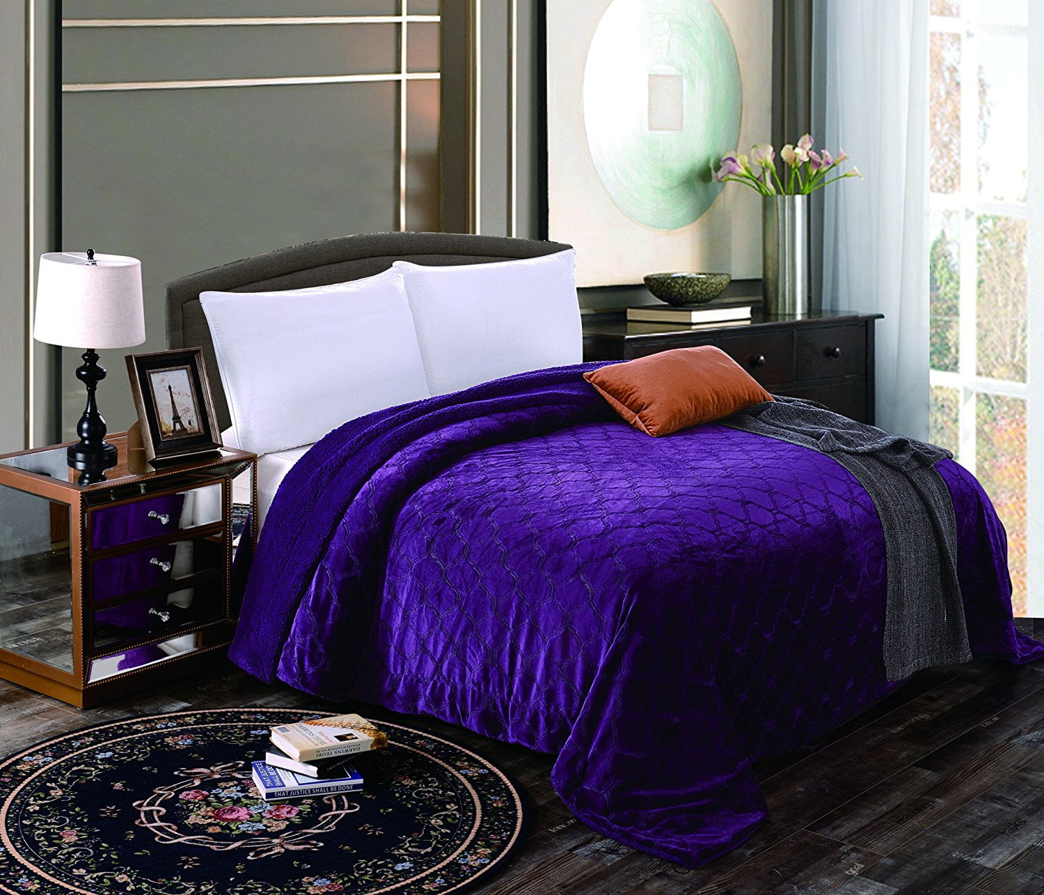 Fancy Collection Queen/king Size Embossed Blanket Sumptuously Soft Plush Sollid Dark purple with