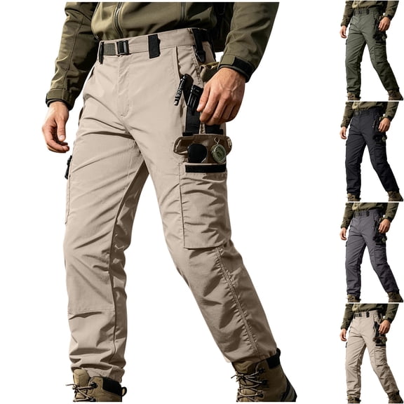 Men's Tactical Ripstop Cargo Pants Multi-Pocket Lightweight Breathable Straight Leg Utility Pockets D-Ring Belt Loops for Hiking Outdoor, Khaki, XL
