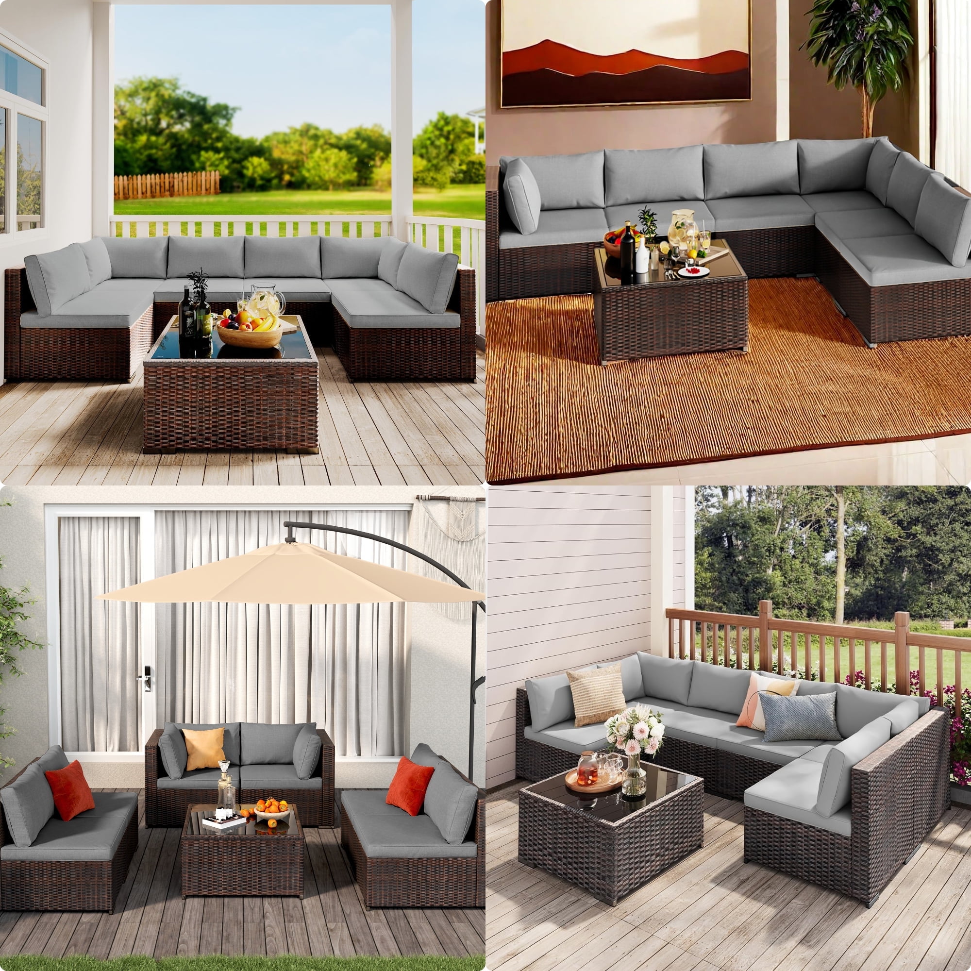 Patio Furniture Set Clearance Lofka Outdoor Sectional Furniture Sofa Set with Tempered Glass Table for Backyard, Garden & Poolside, Gray Cushions