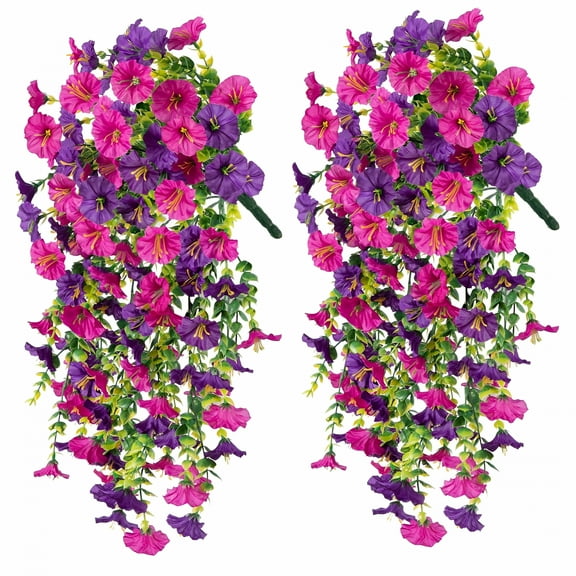 ZULAR 2 Pack Artificial Morning Glory Flowers,UV-Resistant Hanging Flowers 29.5",Silk Fake Plants Hanging Basket for Spring Outdoor Wedding Yard Garden Decor,2pc Multicolour