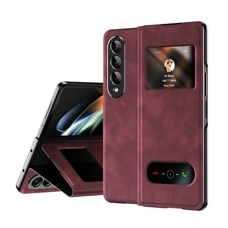 for Samsung Galaxy Z Fold 4 Case,Smart Window View Flip Leather Magnetic Phone Cover with Kickstand Shockproof Protective Case Cover Compatible with Samsung Galaxy Z Fold 4, Winered
