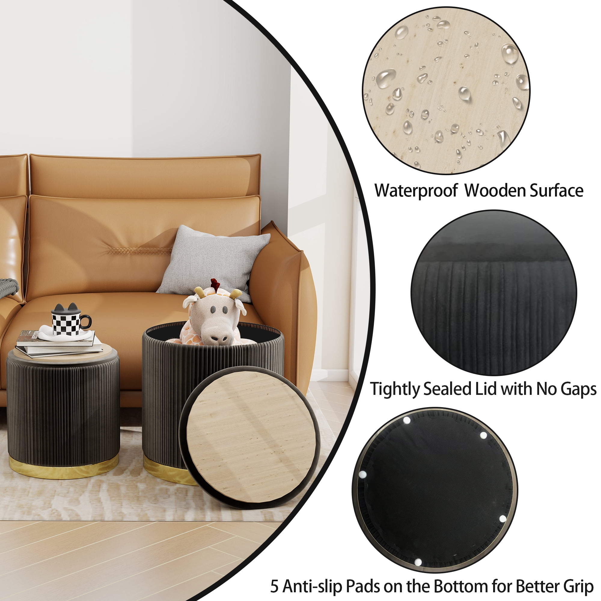 Caroeas 2 Pack Round Ottoman with Storage, Upholstered Velvet Storage Ottoman with Gold Trim, Vanity Stool for Makeup, Ottoman Foot Rest for Living Room, Bedroom, Black