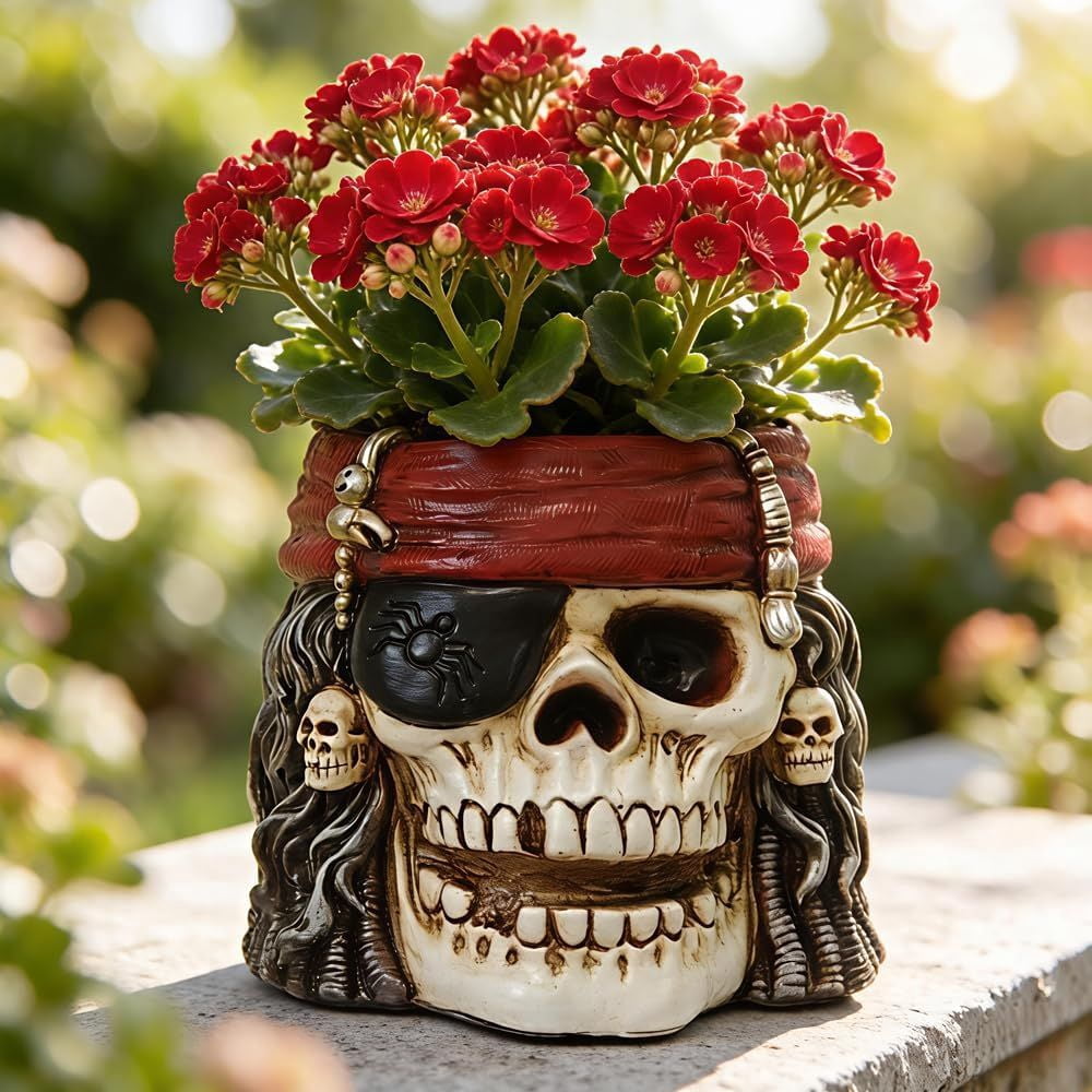 Pirate Skull Planter Flowerpot with Drainage Hole for Gothic Home Decor