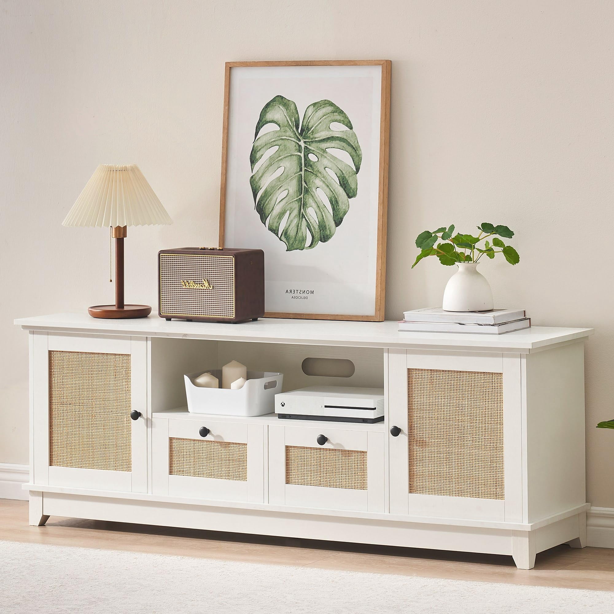 TROPOW Tv Stands for Living Room,Rattan TV Stand, Boho Entertainment Center for 65 Inch TV, TV Console with 2 Cabinets & Adjustable Shelf, Modern TV Stand with Storage, Media Console Cabinet,White