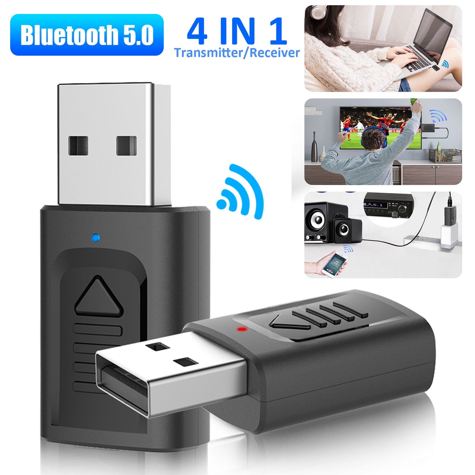 Black KINDRM 4in1 Mini USB Bluetooth 5.0 Audio Transmitter & Wireless Bluetooth 3.5mm Aux Adapter Receiver for Car/Home Stereo Headphones Speakers TV PC Projector CD Bluetooth Receiver Transmitter 