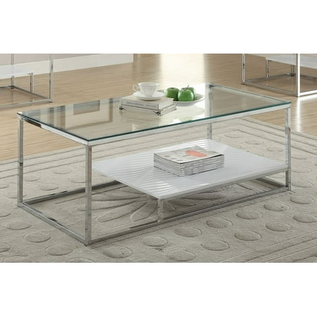 Glass Top Metal Finish - Ruben Collection 80430 48 Coffee Table with 8mm Clear Tempered Glass Top White Lower Shelf and Square Metal Tube in Chrome Finish
