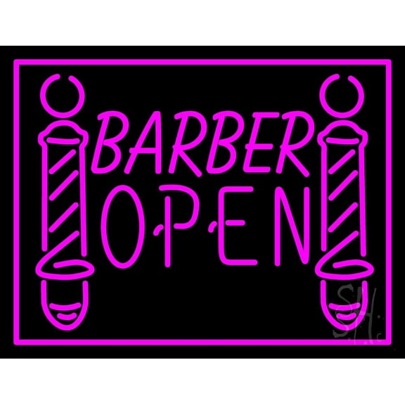 Pink Barber Open LED Neon Sign 15 x 19 - inches, Black Square Cut Acrylic Backing, with Dimmer - Bright and Premium built indoor LED Neon Sign for Defence Force.