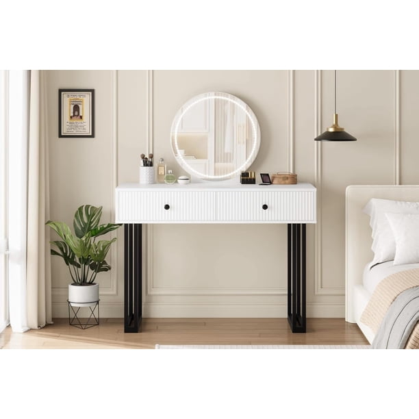 Blanca LED mirror vanity almacenamiento gabinete: 2-cajón makeup escritorio con round mirror para elegant dormitorio almacenamiento