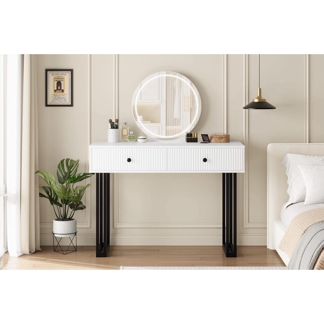 Bingirl Armoire de Rangement Coiffeuse à Miroir Blanc à DEL : Bureau de Maquillage à 2 Tiroirs avec Miroir Rond pour un Rangement Élégant de Chambre