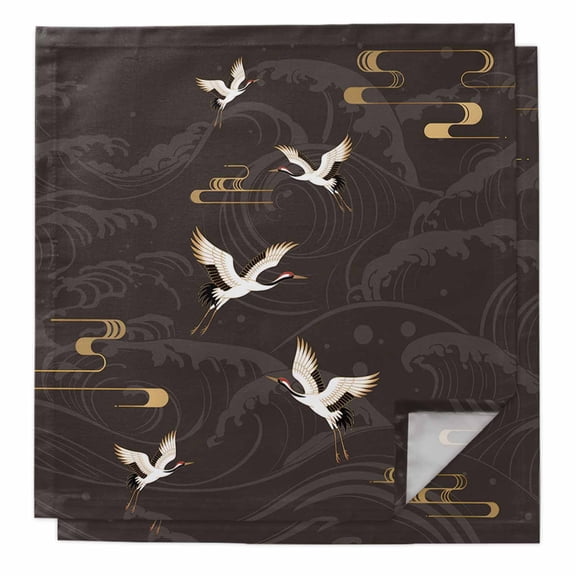 Japanese Style Cloth Napkins, Vintage Cranes Ocean Wave Black Grey Washable and Reusable Dinner Napkins Set of 2, Table Napkin for Kitchen Party Birthday Wedding Hotel Housewarming 20"x20"