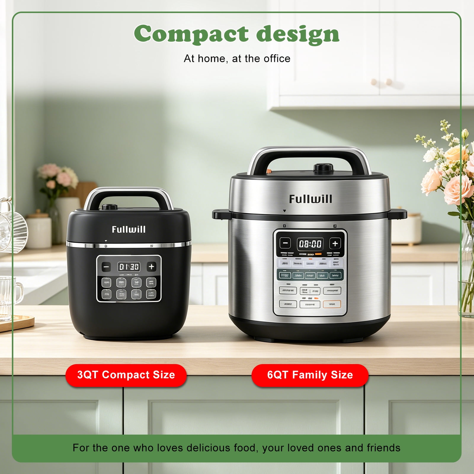 Fullwill Electric Pressure Cooker Lite, Slow Cooker, Rice, Sauté, Warmer, Olla de Presion Nonstick Pot 3 Quarts