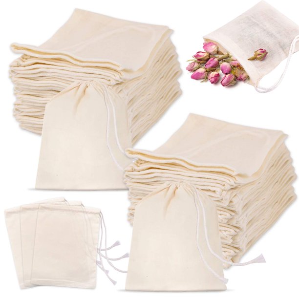 KONUNUS 100 bolsas de muselina de algodón, 4 x 3 pulgadas, bolsas de algodón con cordón para bolsitas reutilizables, tés, manualidades, especias KONUNUS NA
