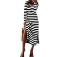 thumbnail image 5 of Lohuatrd Women Fall Spring Dress Striped Color Matching Loose Split Hem V Neck Mid-calf Length Soft Long Sleeve Pullover Oversized Casual Midi Dress, 5 of 8