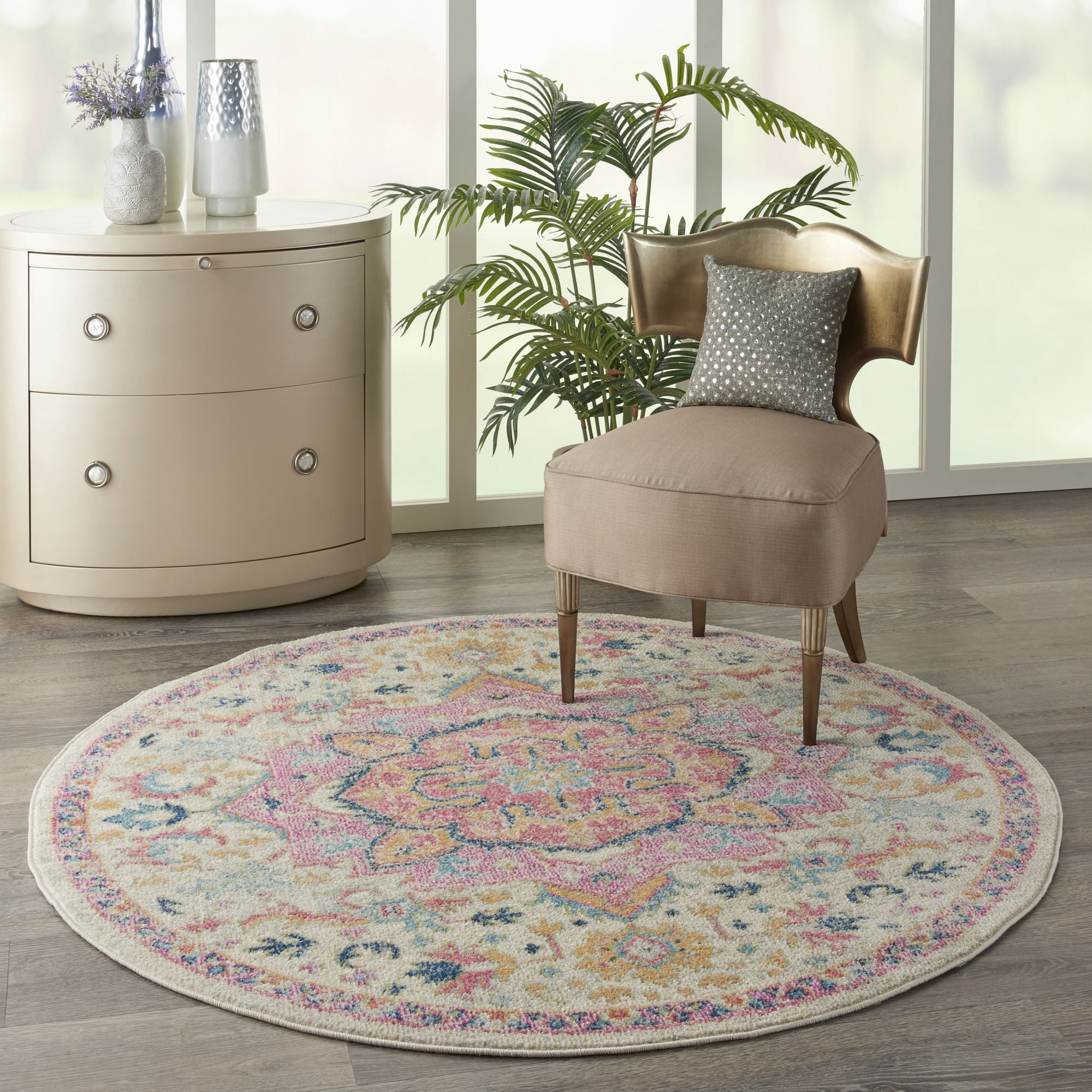 Nourison Passion Bohemian Ivory/Pink 4' x ROUND Area Rug, (4 Round)