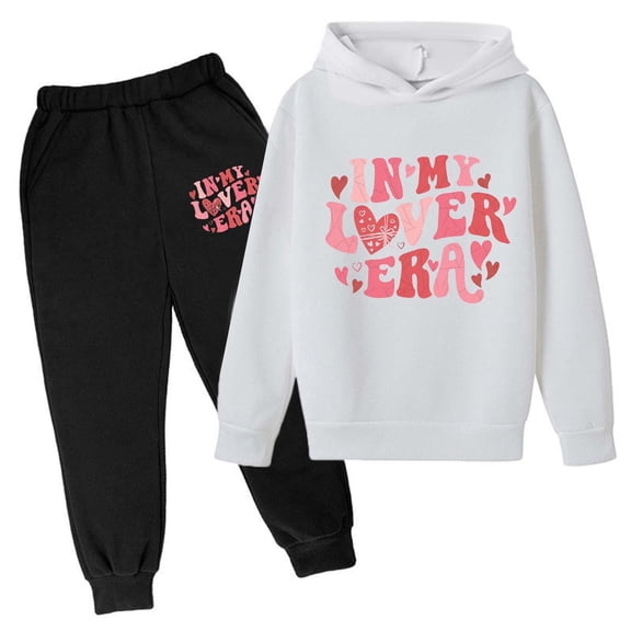 FINALGANG Valentine's Day Boys Kids Heart Letter Prints Tracksuit Long Sleeve Loose Fit Hooded Pullover Elastic Waisted Joggers For Casual Outdoor Activities Cute Outfit