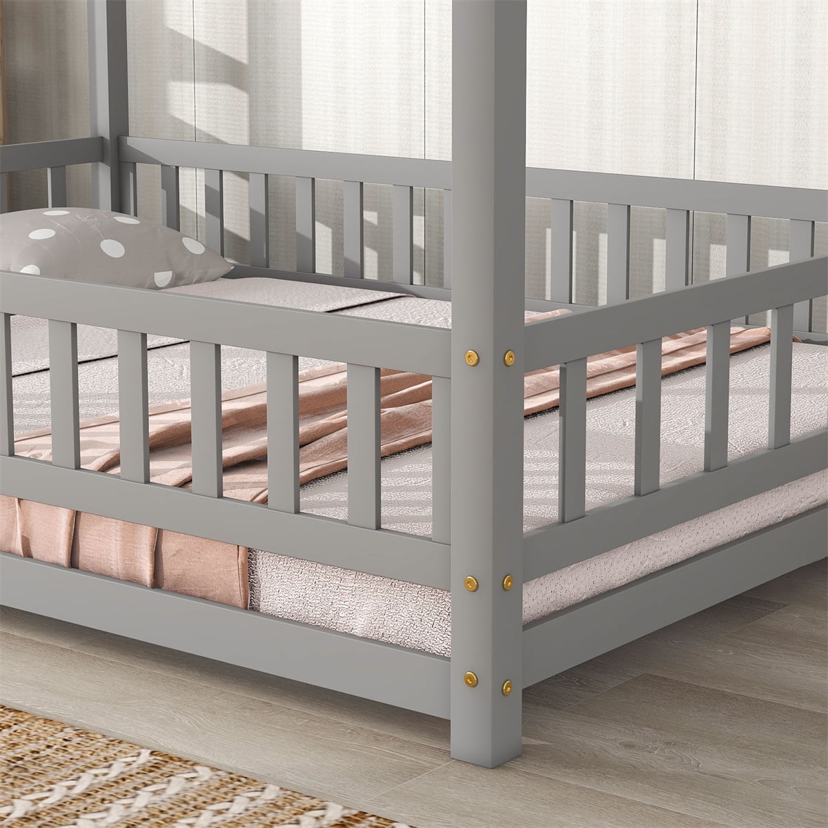 Full Size Floor Bed Frame, Wood House Bed with Fence Gaild Rails and Roof Design, Gray
