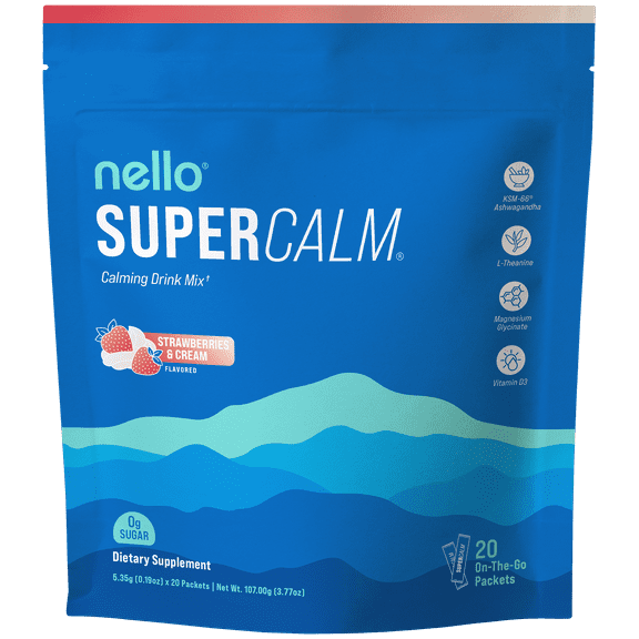 Nello Supercalm Drink Mix - Ashwagandha KSM 66, Magnesium Glycinate & L-Theanine Supplement - Ashwagandha Root Extract - Focus and Relaxation Support (20 Travel Packets) - Strawberries & Cream