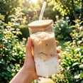 thumbnail image 4 of Glass Cup with Lid and Straw, 11.8oz Iced Coffee Tumbler with Bamboo Lid, Square Heatproof Glass for Coffee, Milk, Juice, Home, Office, School, Gift, 5.51"x2.36", 4 of 6