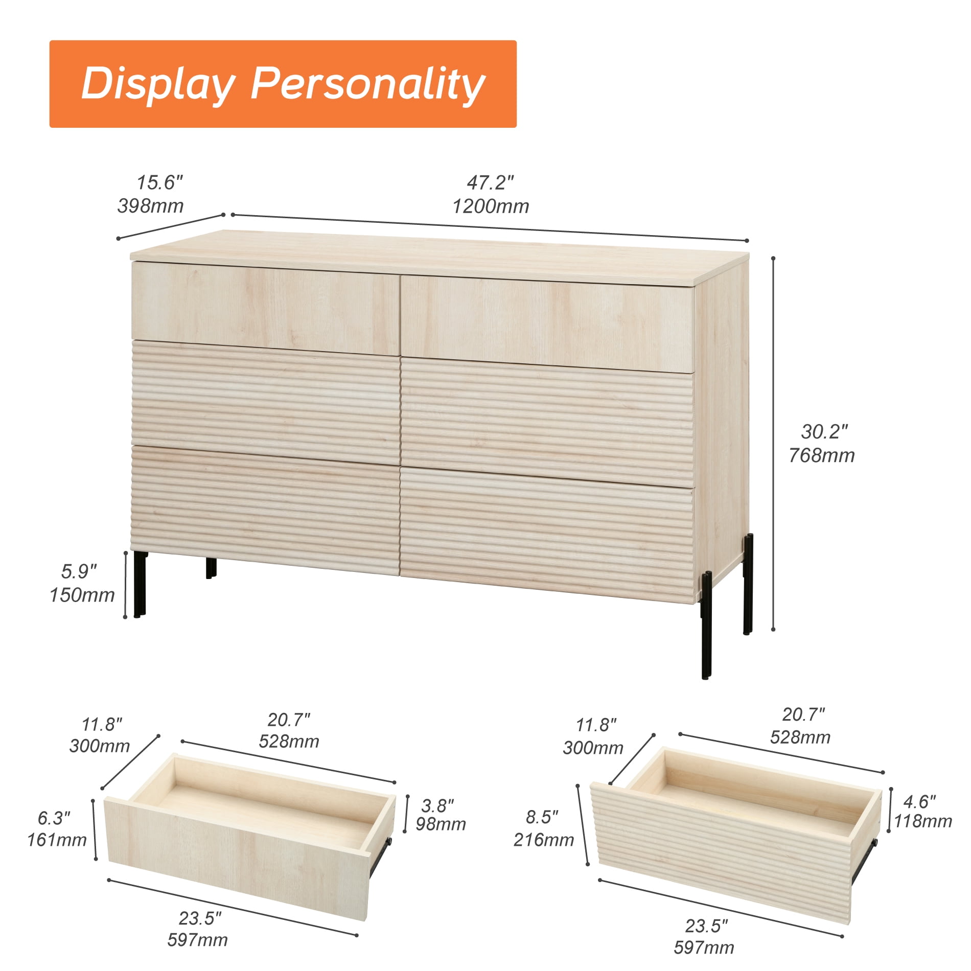 Minimalist 6-Drawer 47.2" W Rectangular Dresser With Reeded Details And Double-Stick Leg Design