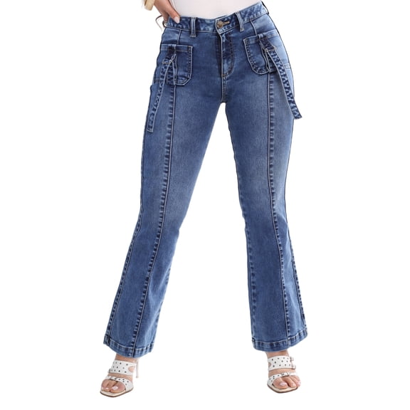 Pantalón Campana Savi Jeans Azul Stretch Tiro Medio Dama