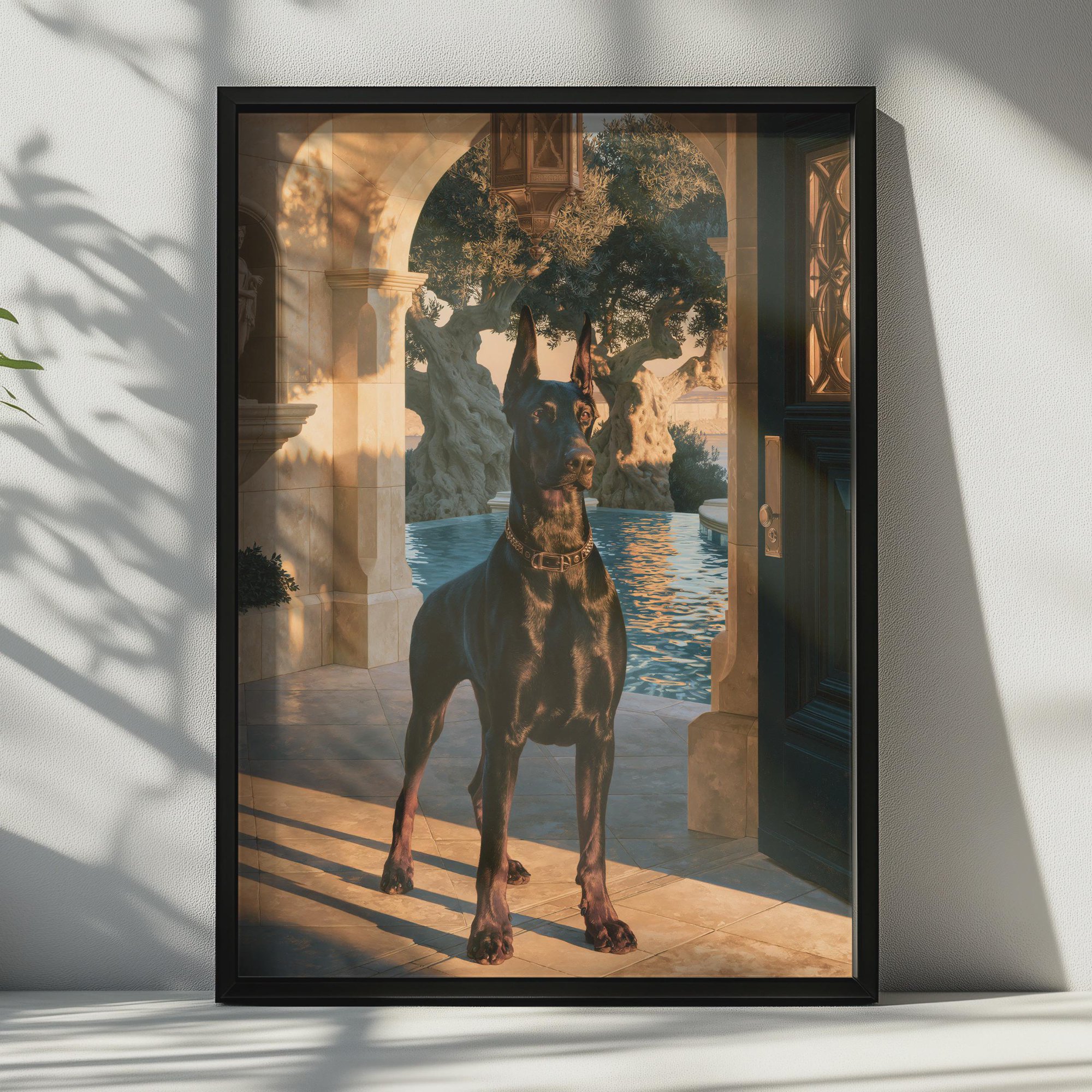 Dobermann Villa Luxury Dog Classical Archway Golden Hour Poster , Poster Print Only