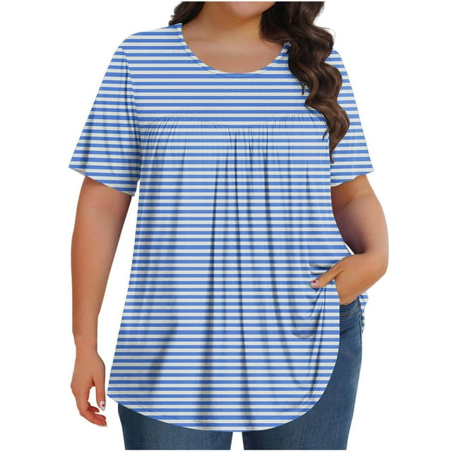 Olyvenn Hauts pour Femmes Grande Taille T-Shirts d'Été Basiques Manches Courtes Col Rond Tunique Décontractée Coupe Ample T-Shirts de Plage à Rayures Graphiques Bleu TTTG