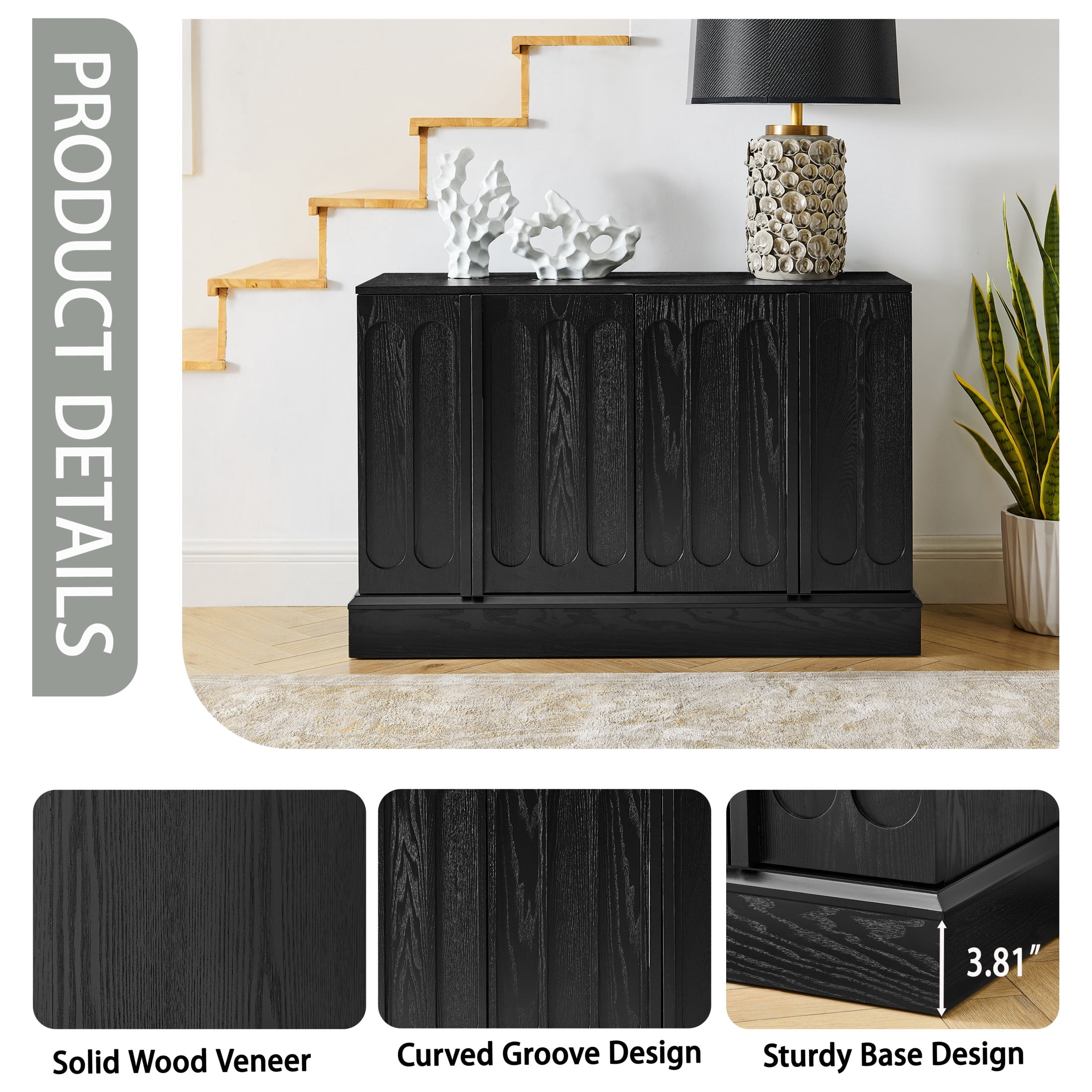 GDF Studio 44.8" Mid Century Modern Fluted Sideboard Cabinet with Adjustable Shelves, Black