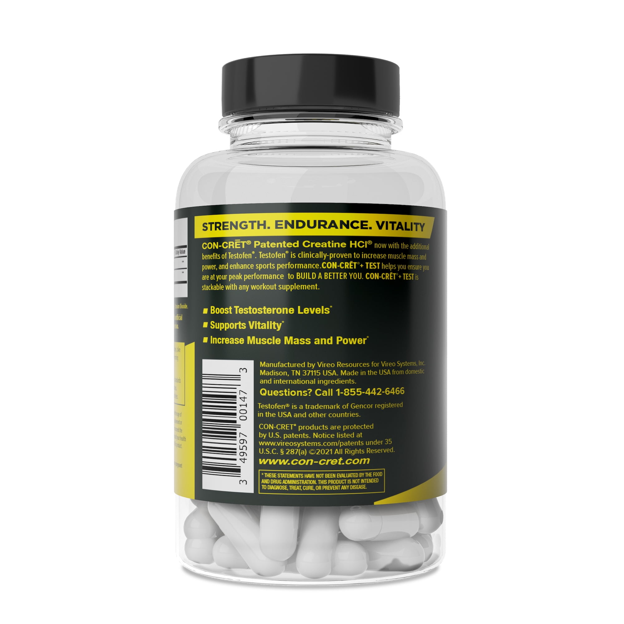 CON-CRET + TEST, Creatine HCl with Testofen, Boost Testosterone Levels, 60 Capsules, Men's Health