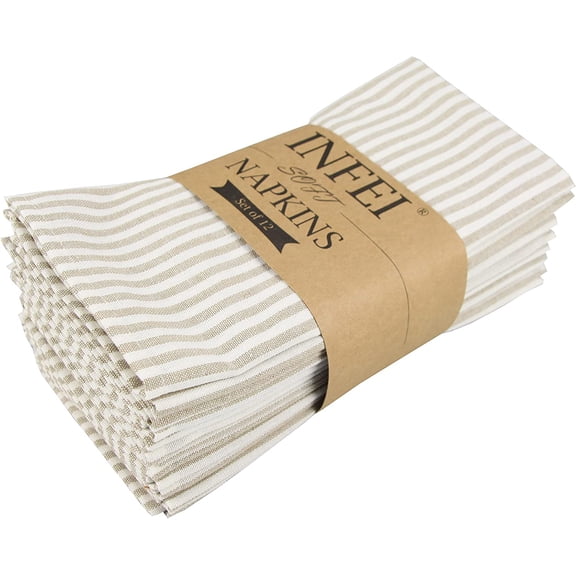 Plain Striped Cotton Linen Blended Dinner Cloth Napkins - Set of 12 (40 x 30 cm) - for Events & Home Use (Beige)