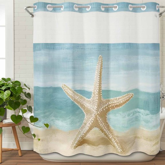 Summer Ocean Starfish No Hook Shower Curtain with Snap in Liner Set,Beach Marine Creature Waterproof Fabric Shower Curtains with See Through Top Window for Bathroom,72Wx72L