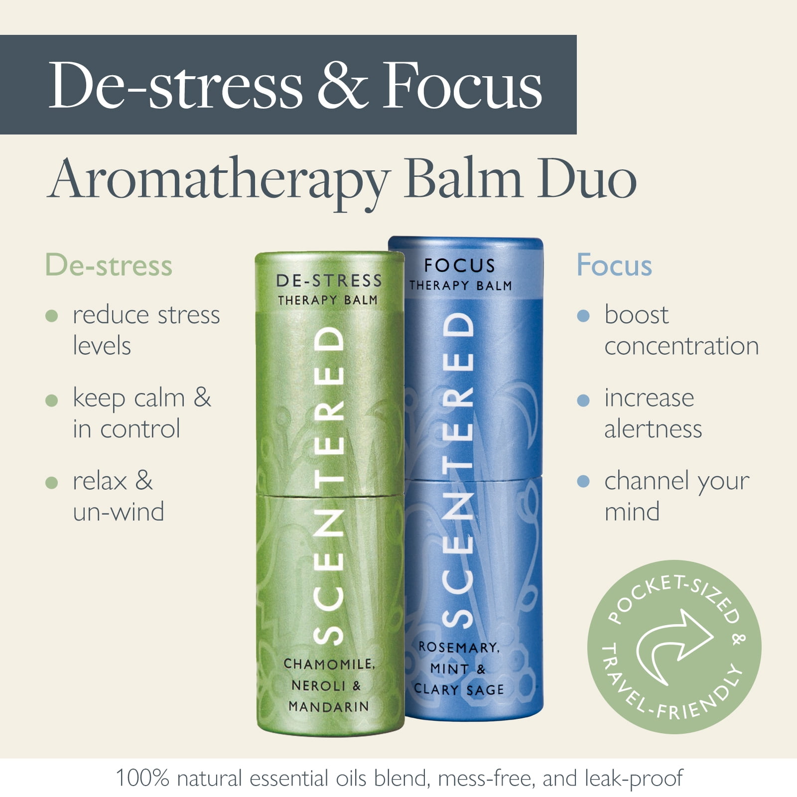 Scentered DE-STRESS & FOCUS Aromatherapy Essential Oils Balm Gift Set - For Relaxation & Alertness - All-Natural Blends of Rosemary, Cedarwood, Sage, Peppermint