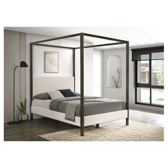 Mellie Vanilla Upholstered Queen Canopy Bed Box Spring Required   Queen   Vanilla White   Wood   Bedroom   Canopy   Wood Fabric