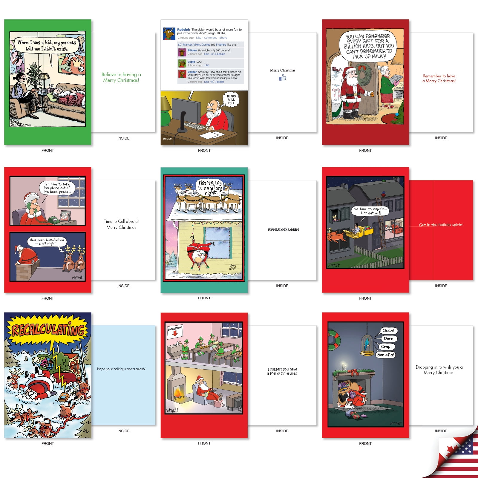 NobleWorks 36 Assorted Box Set Funny Christmas Greeting Cards w/5 x 7 Inch Envelopes (36 Designs, 1 Each) Santa Laughs AC10020XSG-B1x36